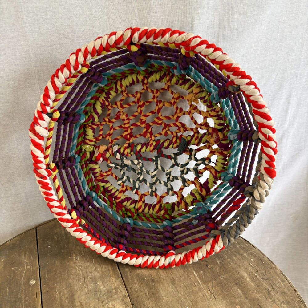 Handwoven Multicolor Fabric Rope Basket 12" Boho Eclectic Decor